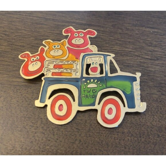 Metallic Enamel Christmas Brooch Pin Reindeer Old Pickup Truck Pigs Two Hands - Picture 1 of 2